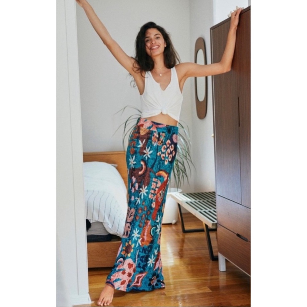 FARM RIO | Gabriella Knit Maxi Skirt in Turquoise Motif, Size Medium Petite